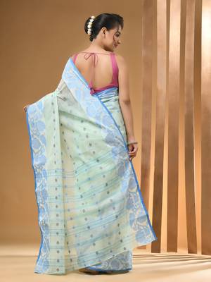 Mint Green Pure Cotton Tant Saree With Woven Designs Without Blouse 3