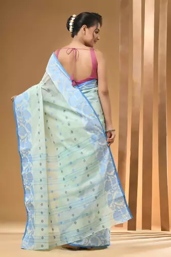 Mint Green Pure Cotton Tant Saree With Woven Designs Without Blouse