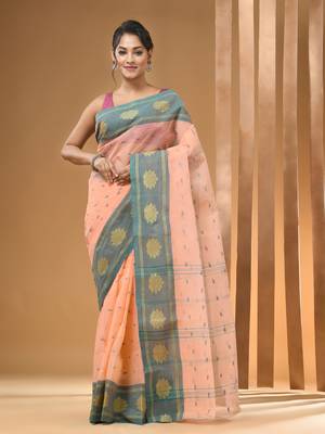 Peach Pure Cotton Tant Saree With Woven Designs Without Blouse 1