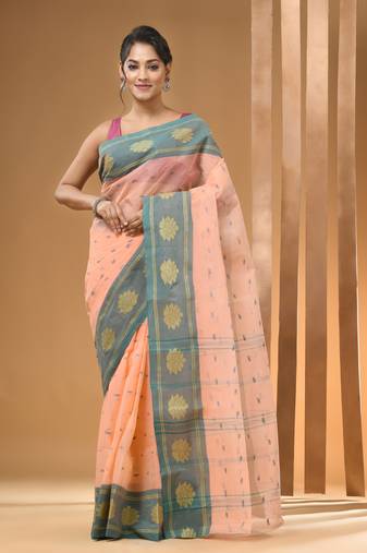 Peach Pure Cotton Tant Saree With Woven Designs Without Blouse