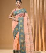 Peach Pure Cotton Tant Saree With Woven Designs Without Blouse