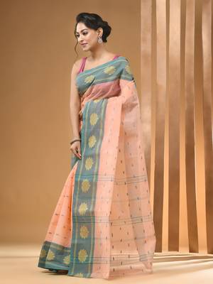 Peach Pure Cotton Tant Saree With Woven Designs Without Blouse 2