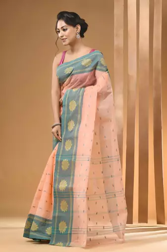 Peach Pure Cotton Tant Saree With Woven Designs Without Blouse
