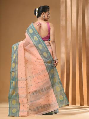 Peach Pure Cotton Tant Saree With Woven Designs Without Blouse 3