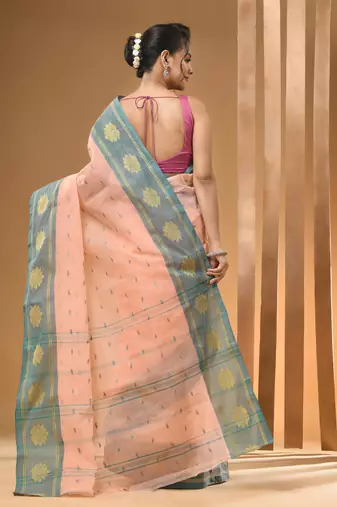 Peach Pure Cotton Tant Saree With Woven Designs Without Blouse