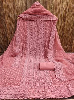 Pink Women's Georgette With Heavy Crepe Bottom And Chiffli Work Dupatta Salwar Suit Dress Material 3