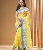 Light yellow pure cotton tant saree with woven designs
