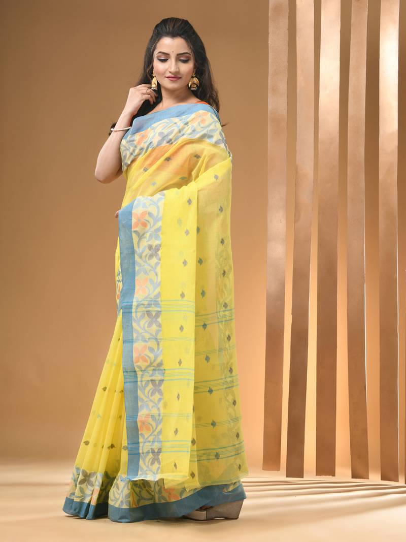 Light yellow pure cotton tant saree with woven designs