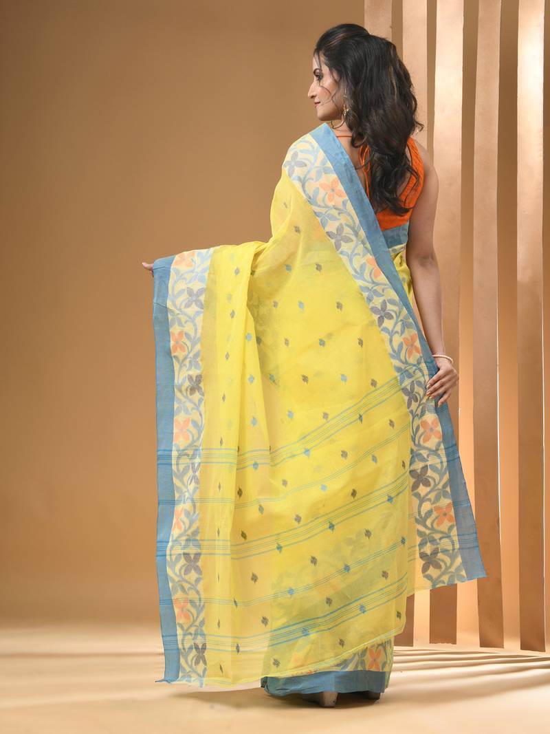 Light yellow pure cotton tant saree with woven designs