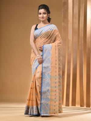 Beige Pure Cotton Tant Saree With Woven Designs Without Blouse 1