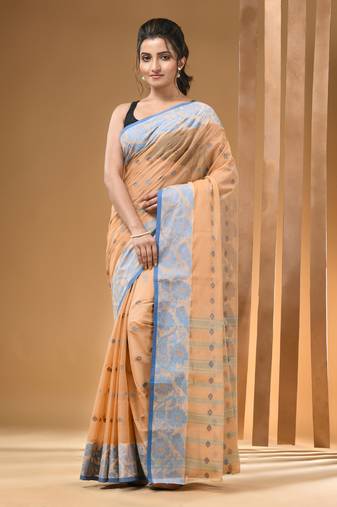 Beige Pure Cotton Tant Saree With Woven Designs Without Blouse
