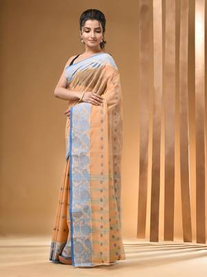 Beige Pure Cotton Tant Saree With Woven Designs Without Blouse 2