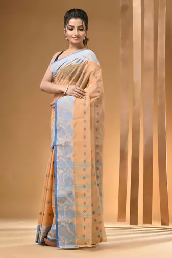 Beige Pure Cotton Tant Saree With Woven Designs Without Blouse