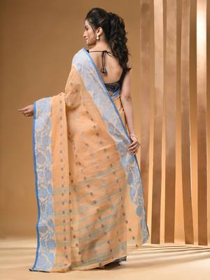 Beige Pure Cotton Tant Saree With Woven Designs Without Blouse 3