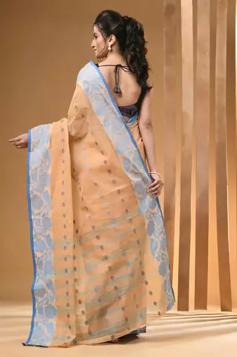 Beige Pure Cotton Tant Saree With Woven Designs Without Blouse