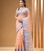Peach Pure Cotton Tant Saree With Woven Designs Without Blouse