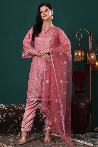 Ethnovog ready to wear mauve net embroidered straight suit