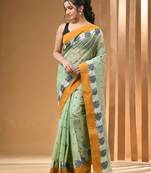 Olive Green Pure Cotton Tant Saree With Woven Designs Without Blouse