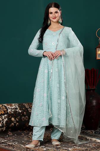 Ethnovog ready to wear blue net embroidered anarkali suit