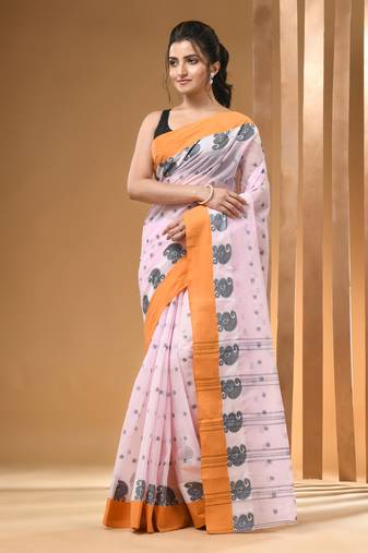 Baby Pink Pure Cotton Tant Saree With Woven Designs Without Blouse