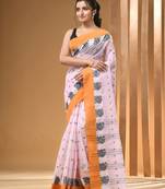 Baby Pink Pure Cotton Tant Saree With Woven Designs Without Blouse