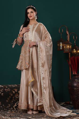Ethnovog ready to wear peach jimmy choo embroidered palazzo suit