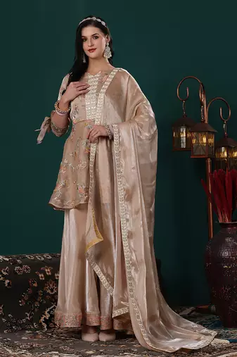 Ethnovog ready to wear peach jimmy choo embroidered palazzo suit