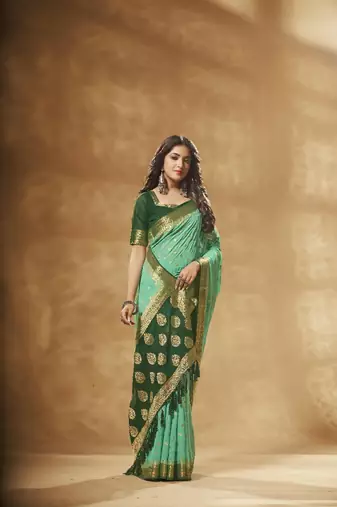 green georgette saree with heavy designer pallu