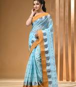 Sky Blue Pure Cotton Tant Saree With Woven Designs Without Blouse