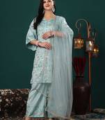 Ethnovog ready to wear sea green art silk embroidered straight suit