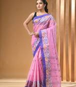 Bubblegum pink pure cotton tant saree with woven designs
