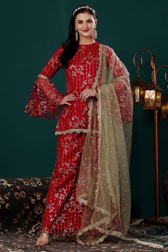 Ethnovog ready to wear red net embroidered sharara suit