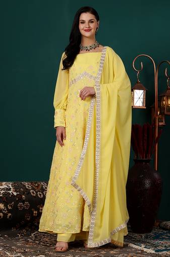 Ethnovog ready to wear yellow georgette embroidered anarkali suit set