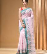 Light pink pure cotton tant saree with woven designs