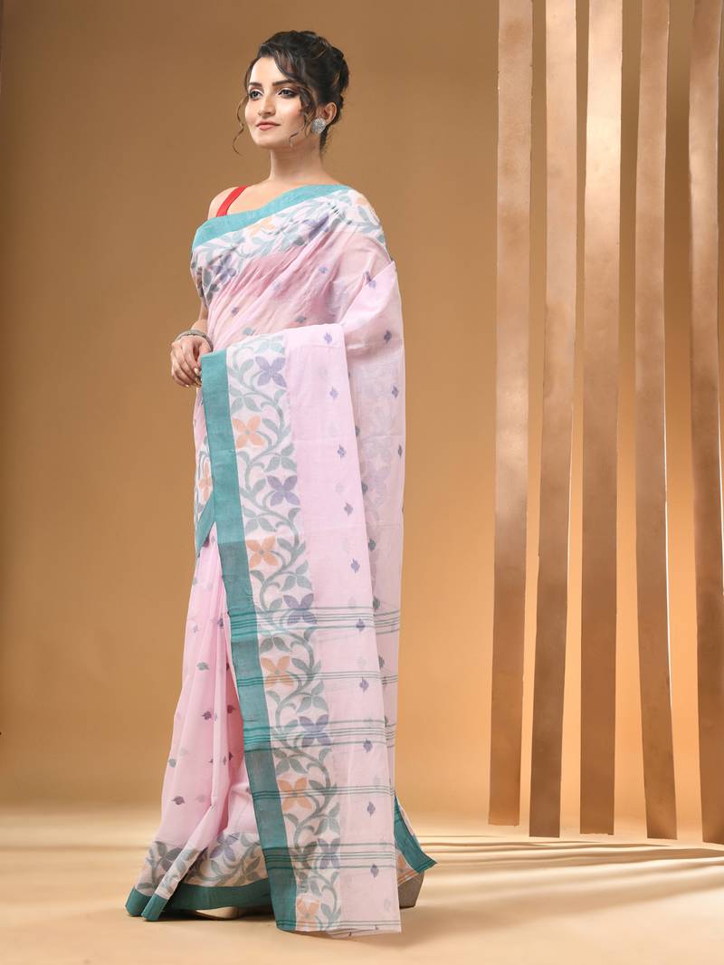 Light pink pure cotton tant saree with woven designs