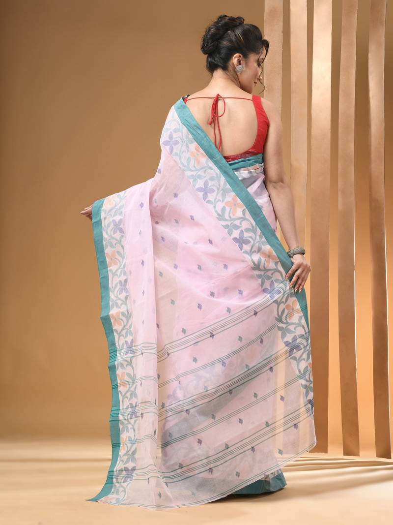 Light pink pure cotton tant saree with woven designs