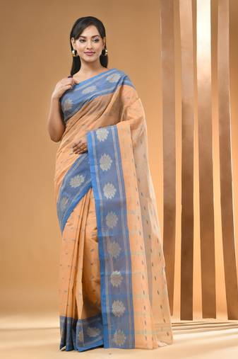 Beige Pure Cotton Tant Saree With Woven Designs Without Blouse