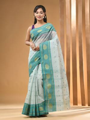 Mint Green Pure Cotton Tant Saree With Woven Designs Without Blouse 1