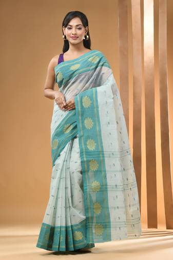Mint Green Pure Cotton Tant Saree With Woven Designs Without Blouse