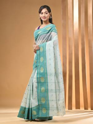 Mint Green Pure Cotton Tant Saree With Woven Designs Without Blouse 2