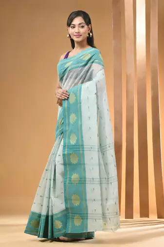 Mint Green Pure Cotton Tant Saree With Woven Designs Without Blouse