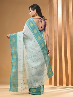 Mint Green Pure Cotton Tant Saree With Woven Designs Without Blouse 3