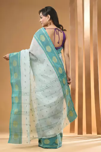 Mint Green Pure Cotton Tant Saree With Woven Designs Without Blouse