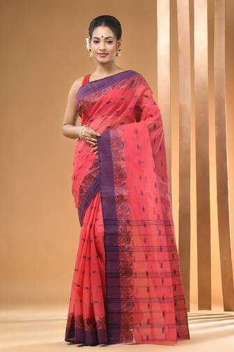 Pink Pure Cotton Tant Saree With Woven Designs Without Blouse