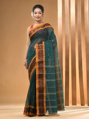 Teal Pure Cotton Tant Saree With Zari Border Without Blouse 1