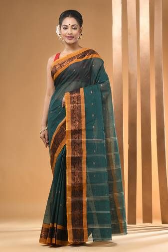 Teal Pure Cotton Tant Saree With Zari Border Without Blouse