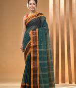 Teal Pure Cotton Tant Saree With Zari Border Without Blouse