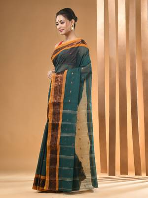 Teal Pure Cotton Tant Saree With Zari Border Without Blouse 2