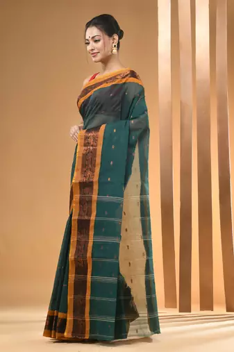 Teal Pure Cotton Tant Saree With Zari Border Without Blouse