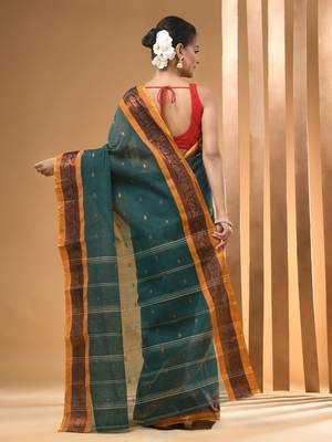 Teal Pure Cotton Tant Saree With Zari Border Without Blouse 3